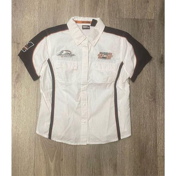 Harley-Davidson Women’s Large White and Black Short Sleeve Button Up Top - Picture 1 of 5